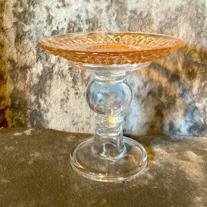 Vintage pink & clear glass candle holder. 6” height 6” width u